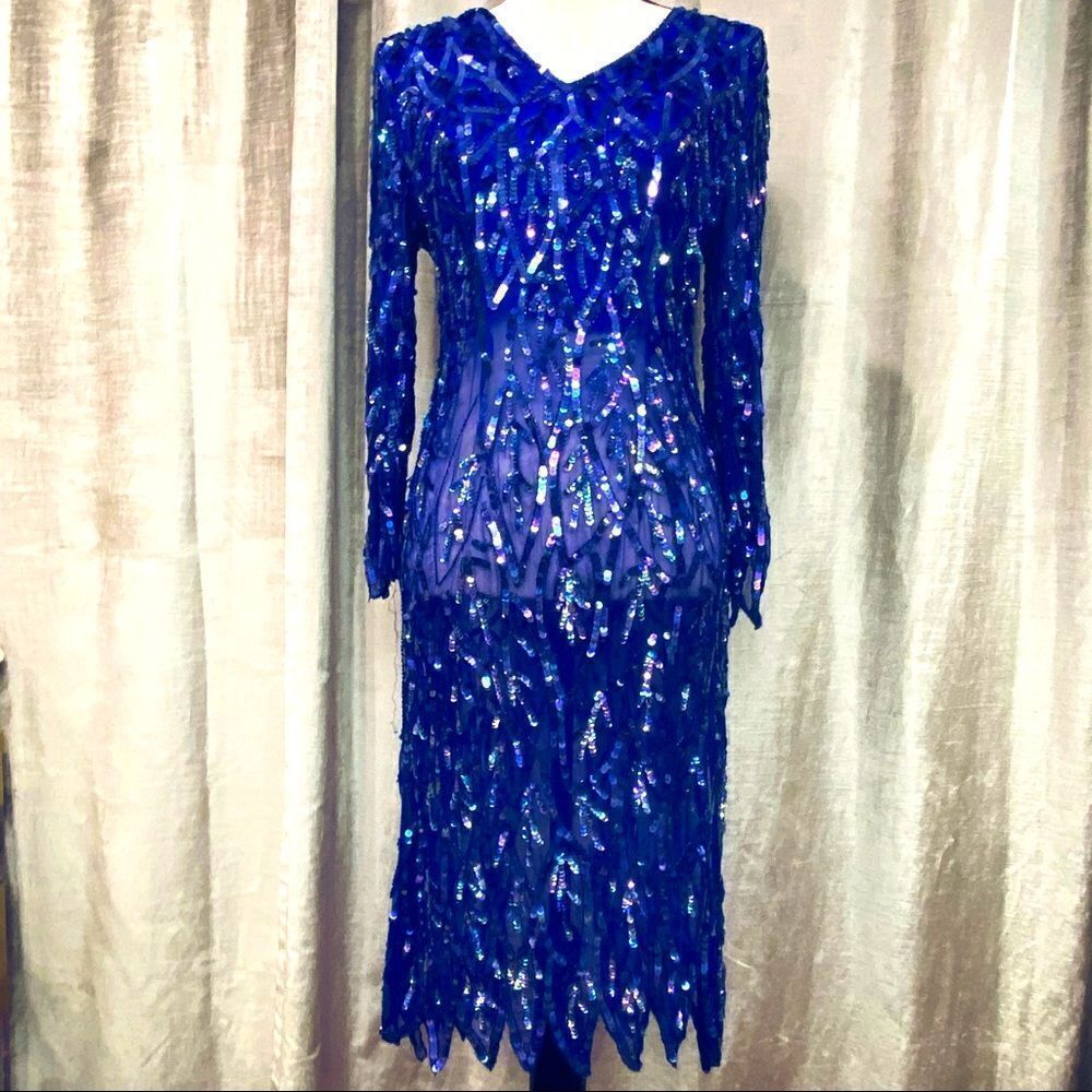 VINTAGE Cobalt Blue Sheer Sequin Knee Length Dress